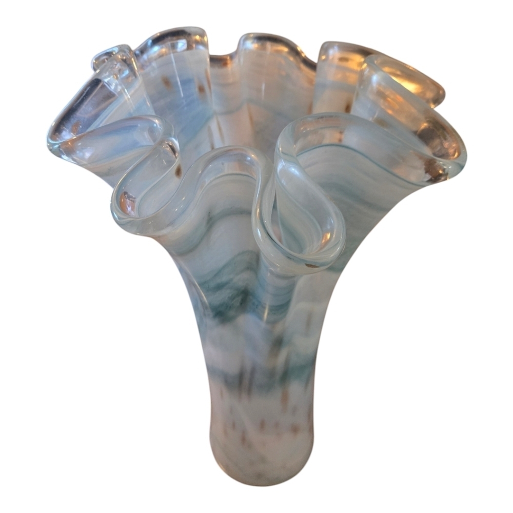 Murano Vintage Fluted Edge 17" Tall Teal And Gold Fleck Vase